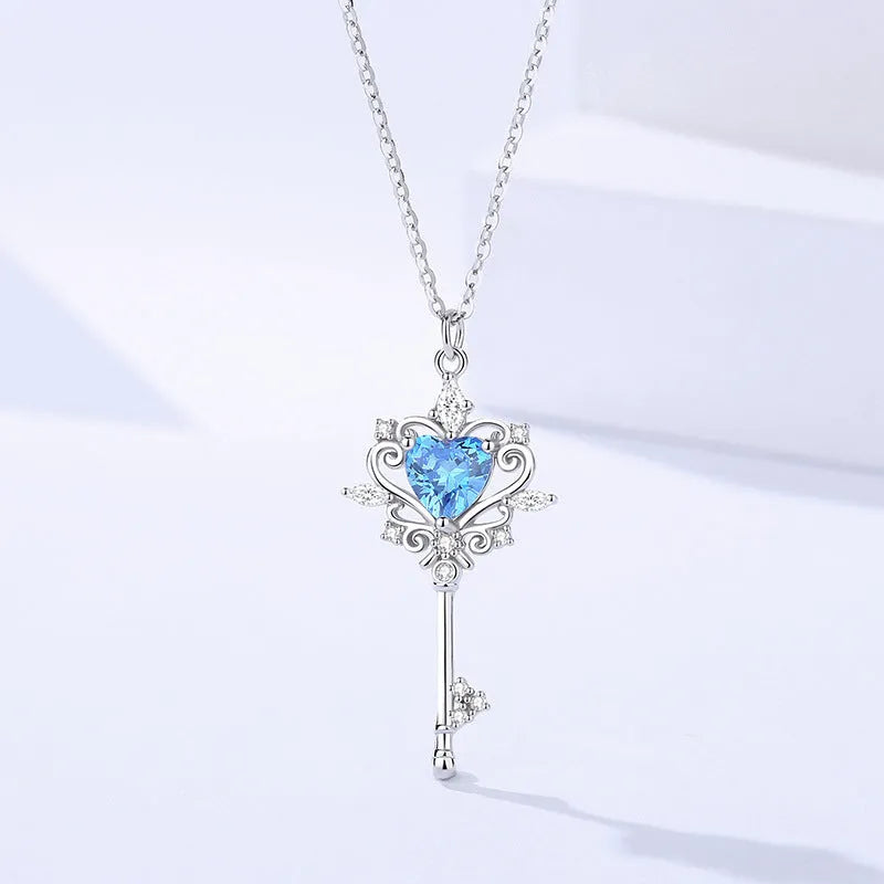 S925 sterling silver guard key necklace with zircon inlay on cross chain, blue colour option