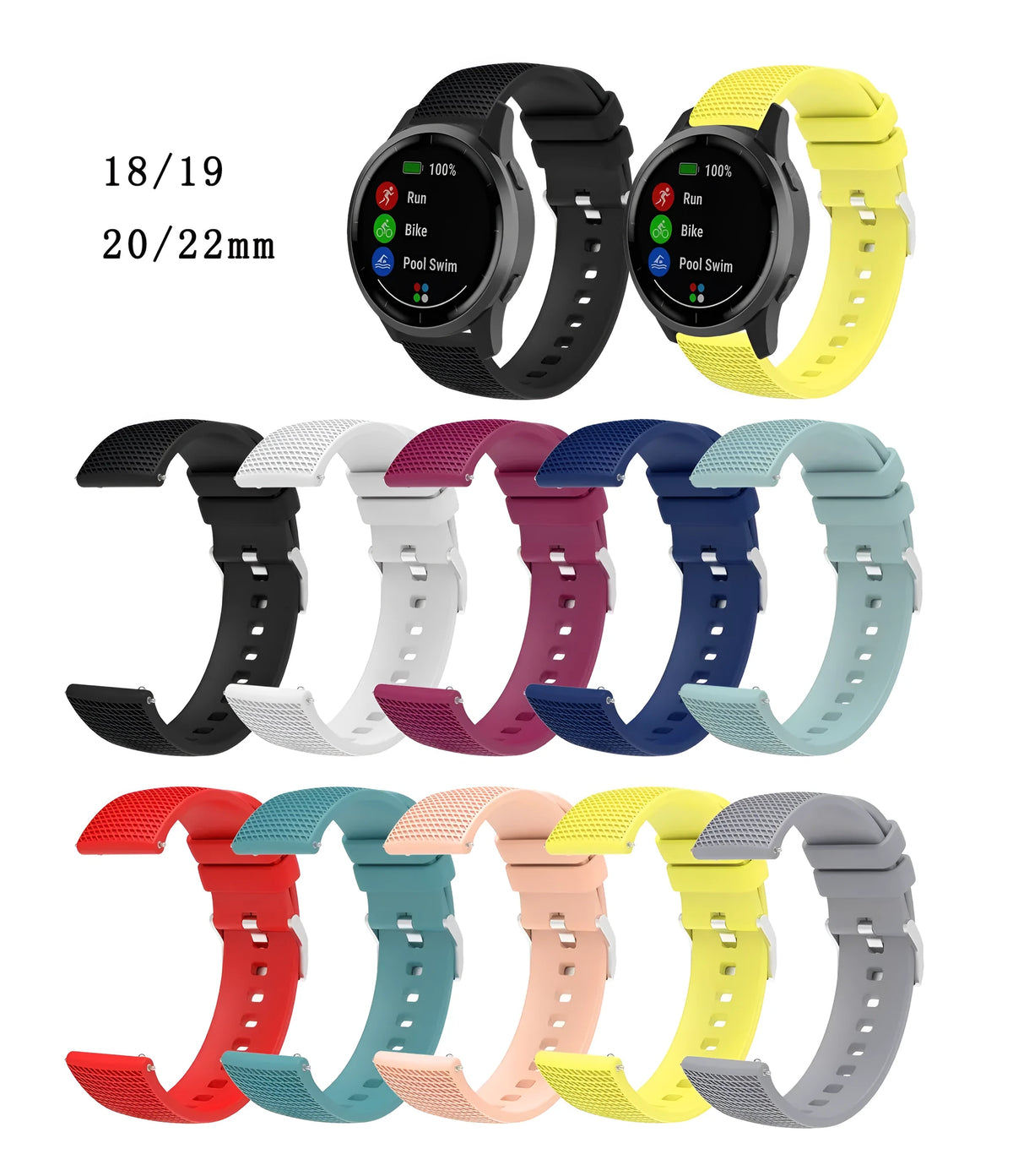 Silicone watch strap with grid pattern, 18mm/20mm/22mm, 76+119mm, 18g, in black, pink, purple, gray, navy, green, red, white, yellow