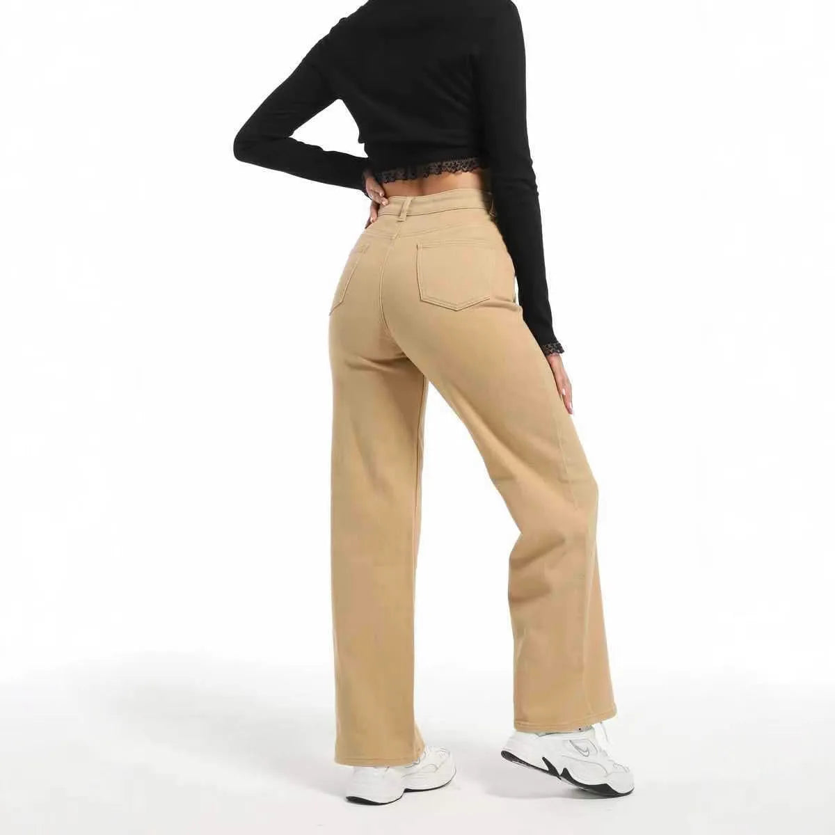 Women's high-waist wide-leg straight jeans in apricot colour, made from cotton.