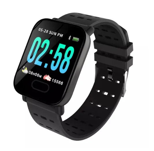 A6 smart bracelet with colour screen and black silicone strap on a wrist, showing fitness data.