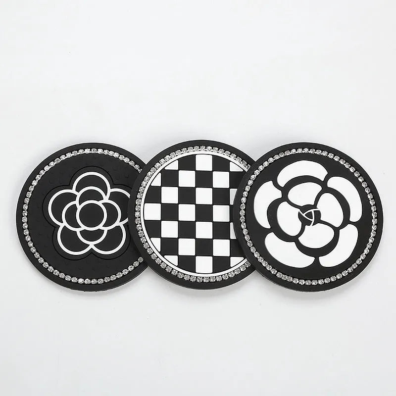 Plastic car cup holder mat with non-slip base in checkerboard pattern for interior protection