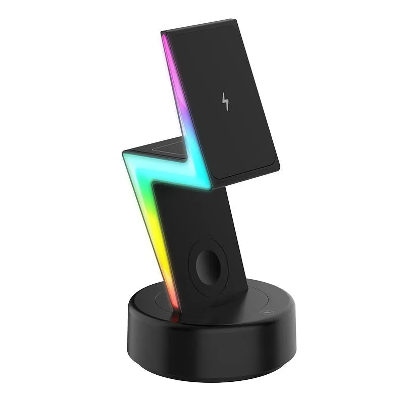 Lightning three-in-one wireless charger in white or black for mobile phone, watch and headset with fast charge and 15 maximum output power