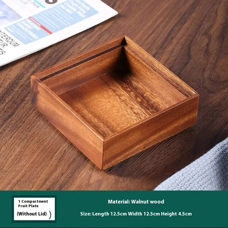 Solid wood snack candy trial tray in burlywood with New Chinese style, shown with multiple grid options including covered and uncovered versions.