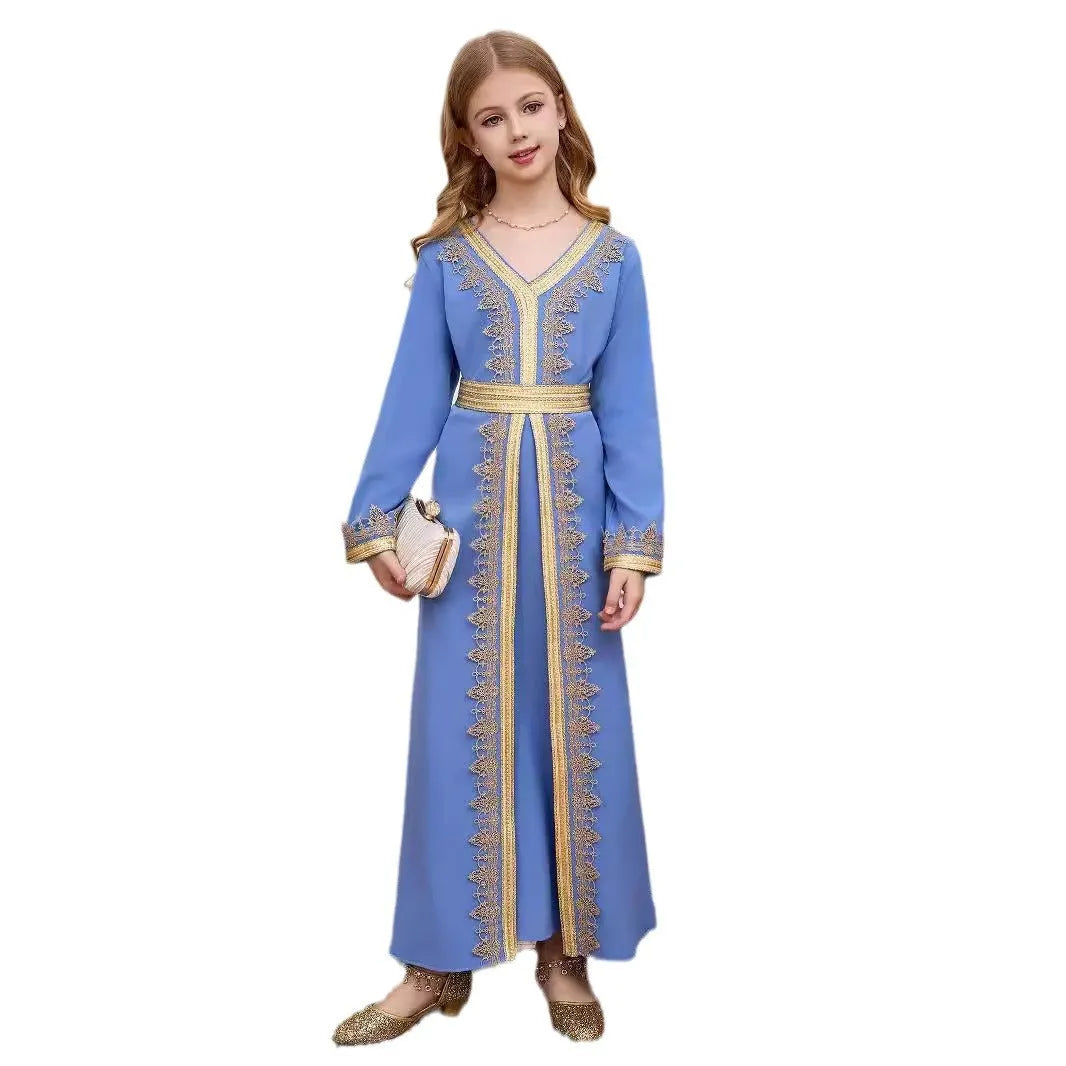 Children's girl lace V-neck dress in ice blue colour, polyester fabric, Dubai style, available in sizes 4Y to 12Y