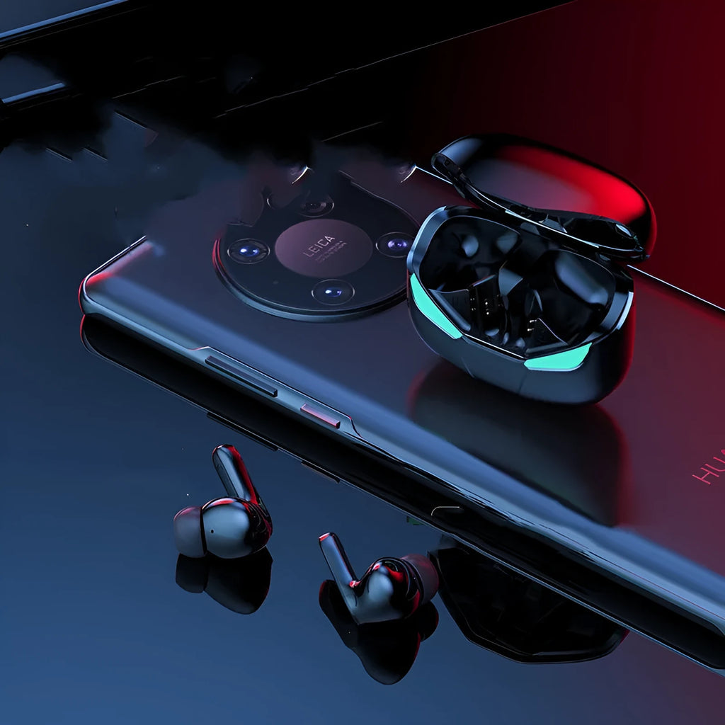 Neutral-black and neutral-white wireless TWS in-ear sports stereo headphones with charging cable.