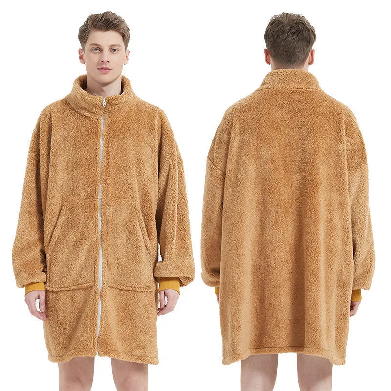 Men's camel polar fleece zipper cardigan nightgown, one size, round neck, 96cm length and 146cm bust