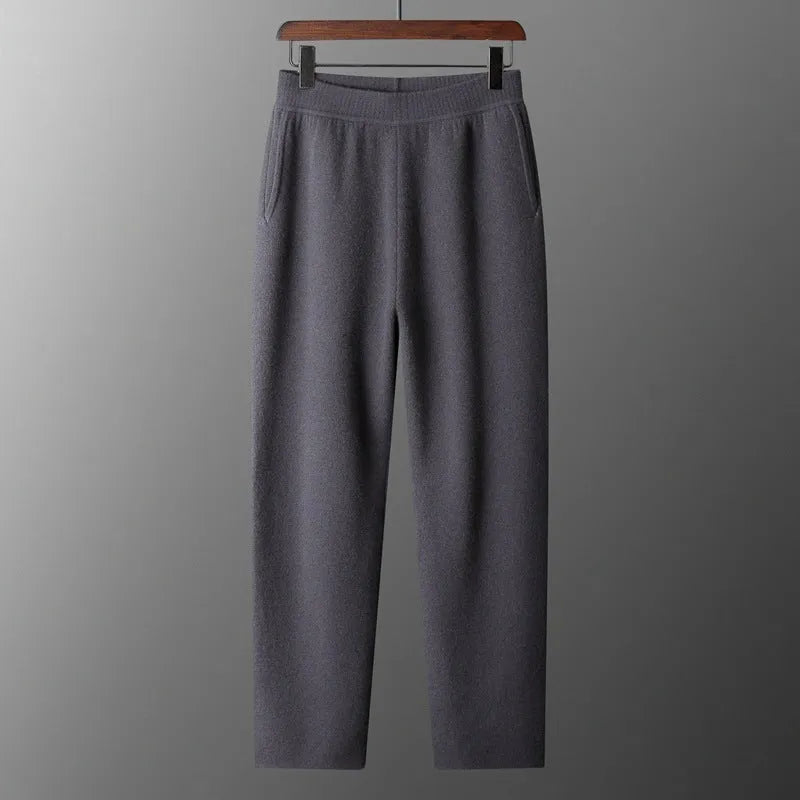 Men's thick cashmere high waist tapered trousers in Black, Elephant Grey, and Raw Velvet, full length, sizes M to XXL.