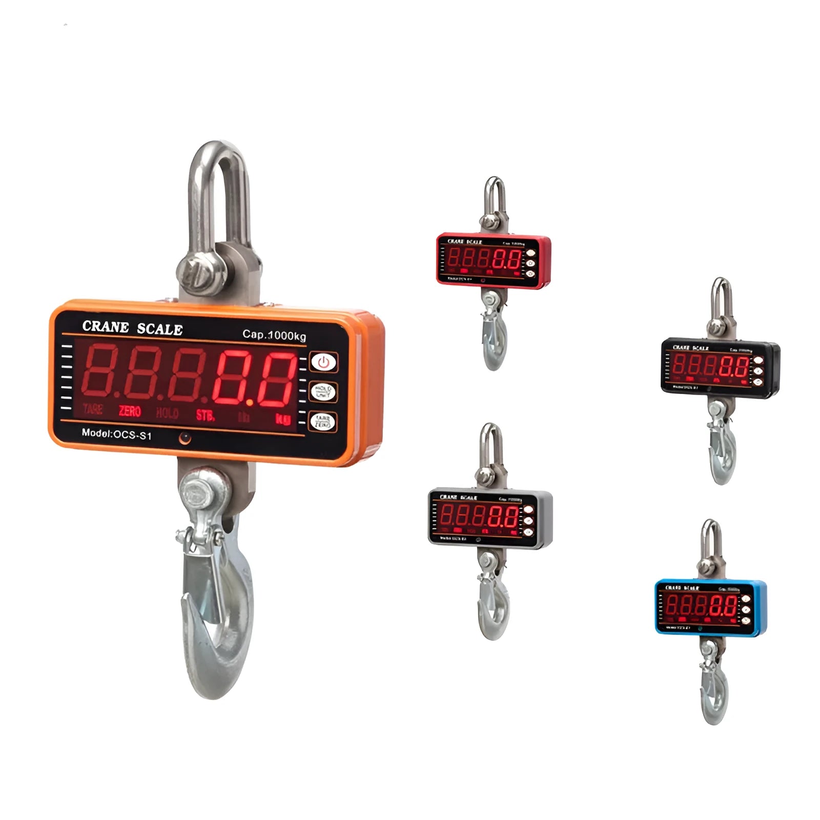 Orange digital display electronic crane scale with hook for 500 kg heavy-duty weighing.