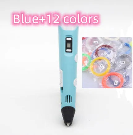 Yellow 3D printing pen with 12 colour PLA filament spools and UK power adapter on a white background