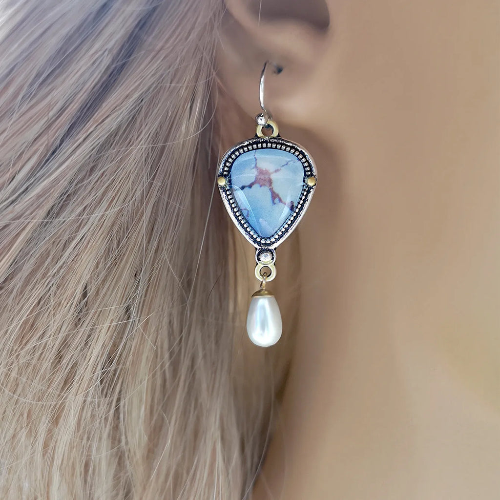 Retro blue drop earrings with synthetic opal and pearl geometric design