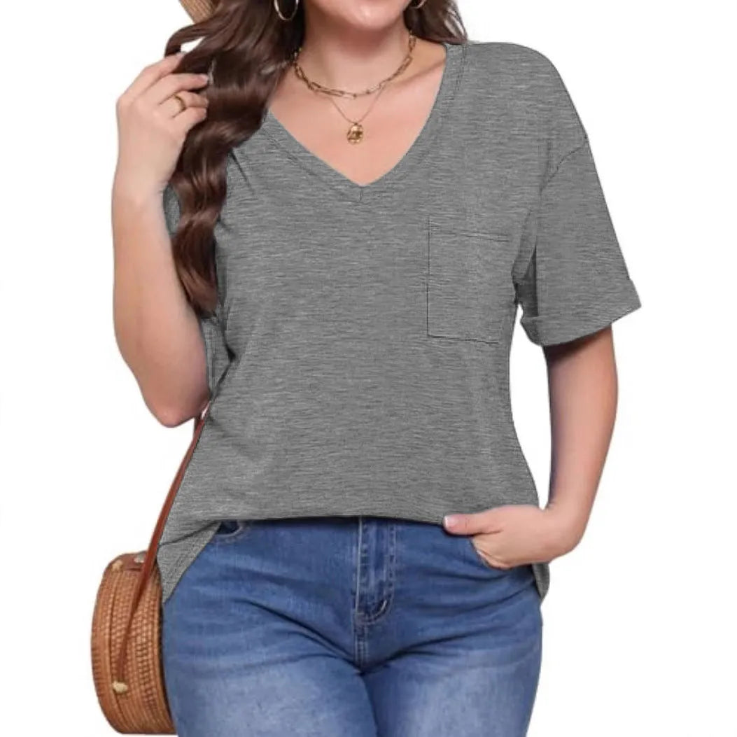Grey loose-fit V-neck short sleeve t-shirt with a chest pocket on a solid background.