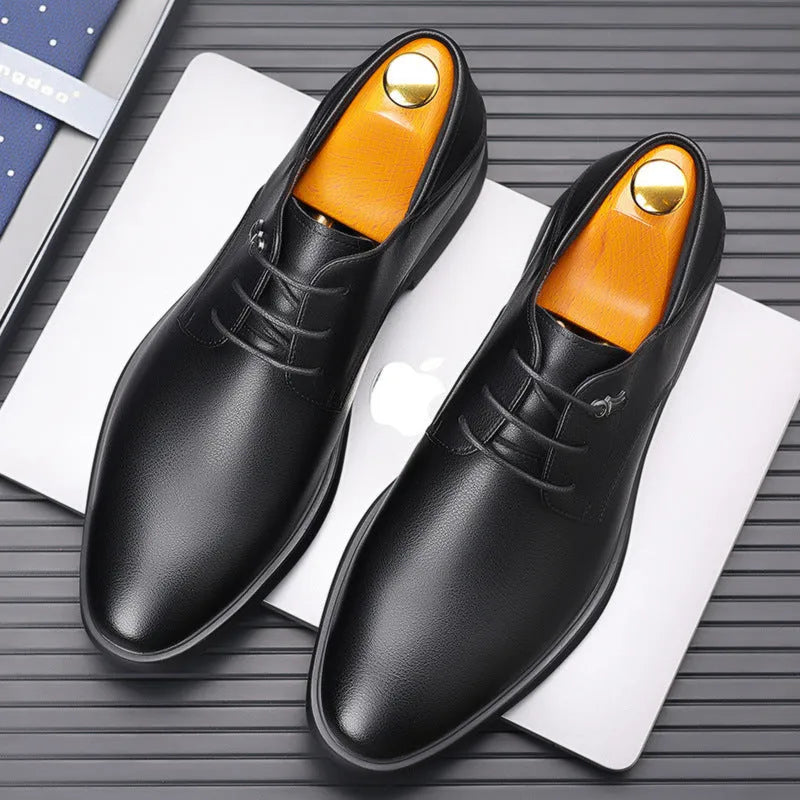 Men's black cow split leather pointed toe dress shoes with rubber sole on a white background