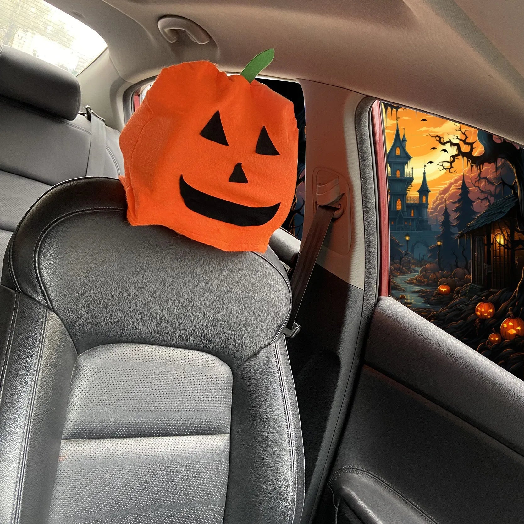 Orange pumpkin cartoon polyester Halloween decorative car chair cover on a car seat