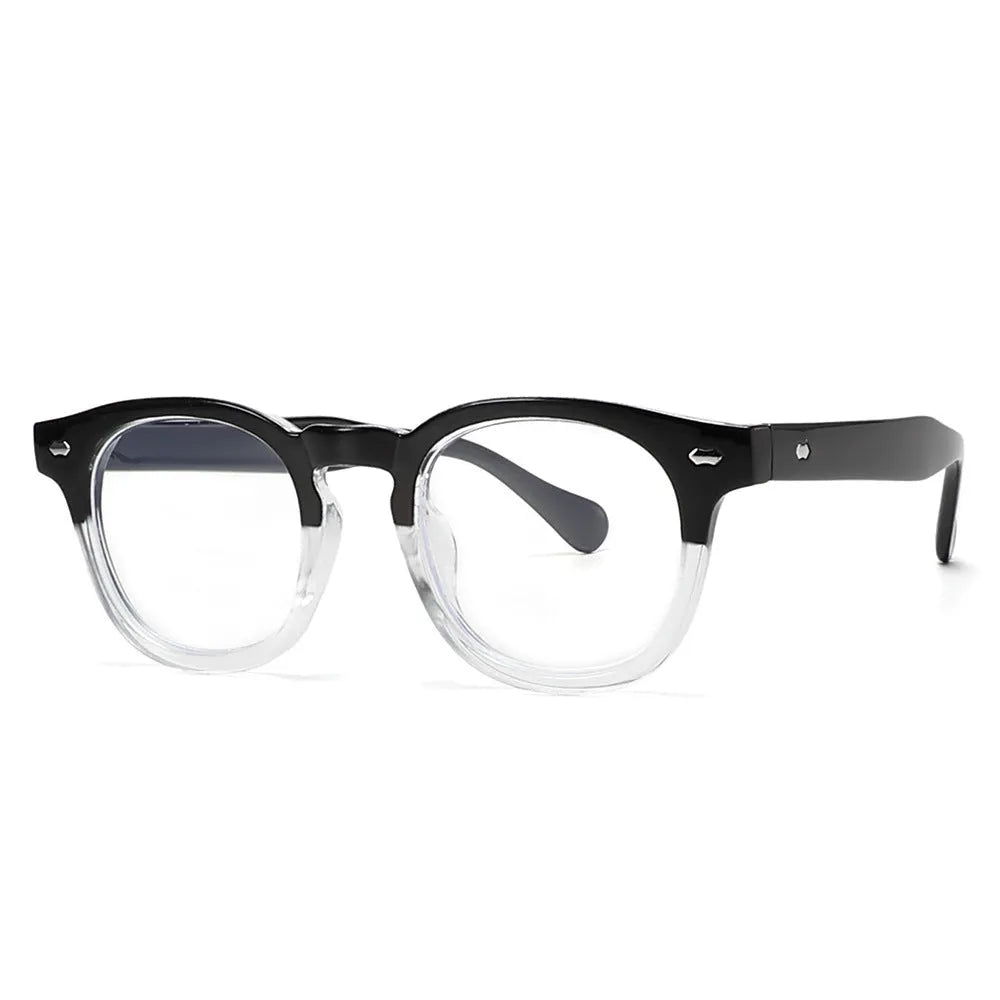 Round rim retro sunglasses with plastic frame and UV400 lenses in multiple colour options on a plain background