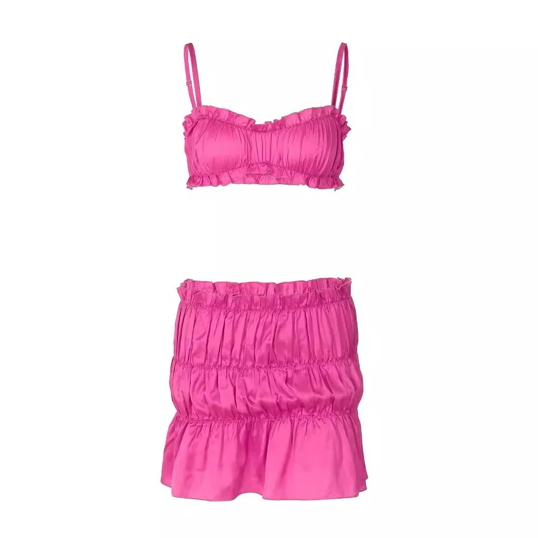 Black stretch silk satin tube top and pleated miniskirt two-piece suit for women with crumple texture