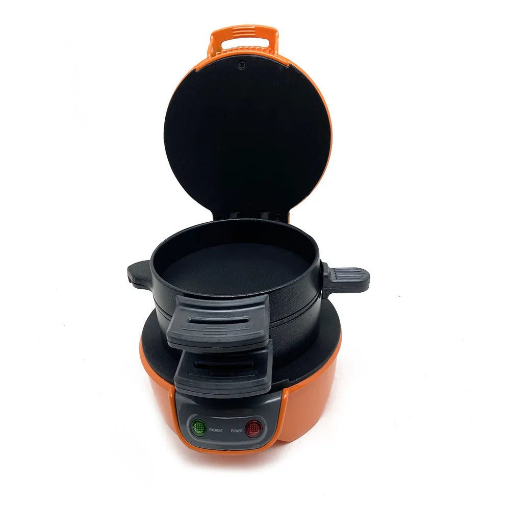 Household breakfast machine with egg cooker ring and sandwich maker in red orange grey colours