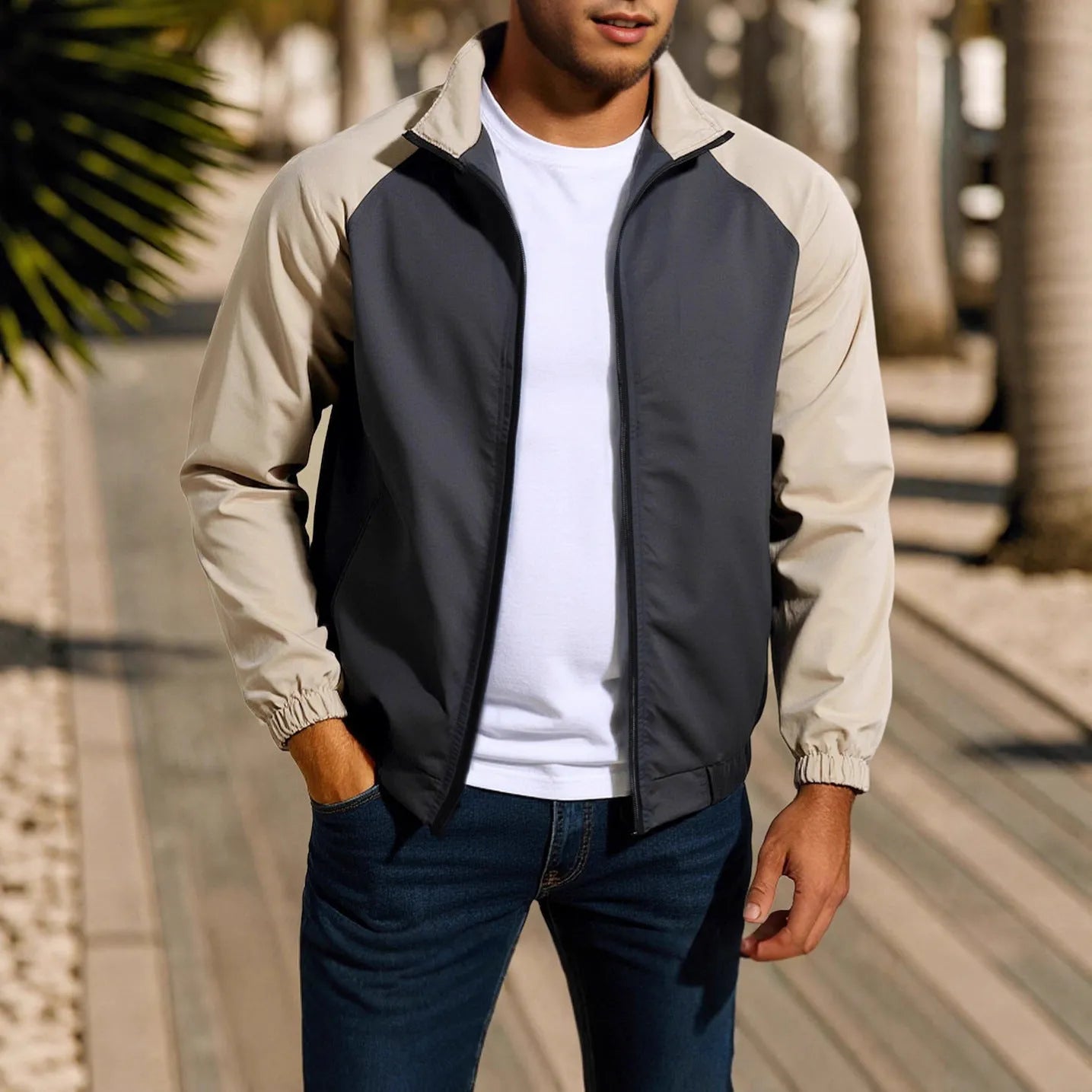 Men's casual coat jacket with stand collar and raglan sleeves in polyester blend fabric