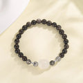 Cat crystal couple bracelet with obsidian stone and silver electroplating featuring cat charm