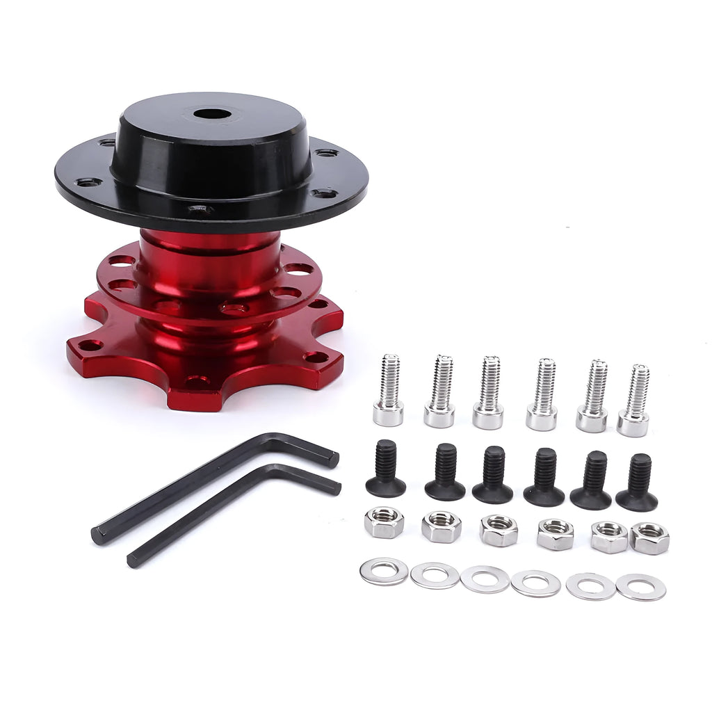 Car steering wheel quick release adapter device in black, red, blue, silver, and gold colour options.