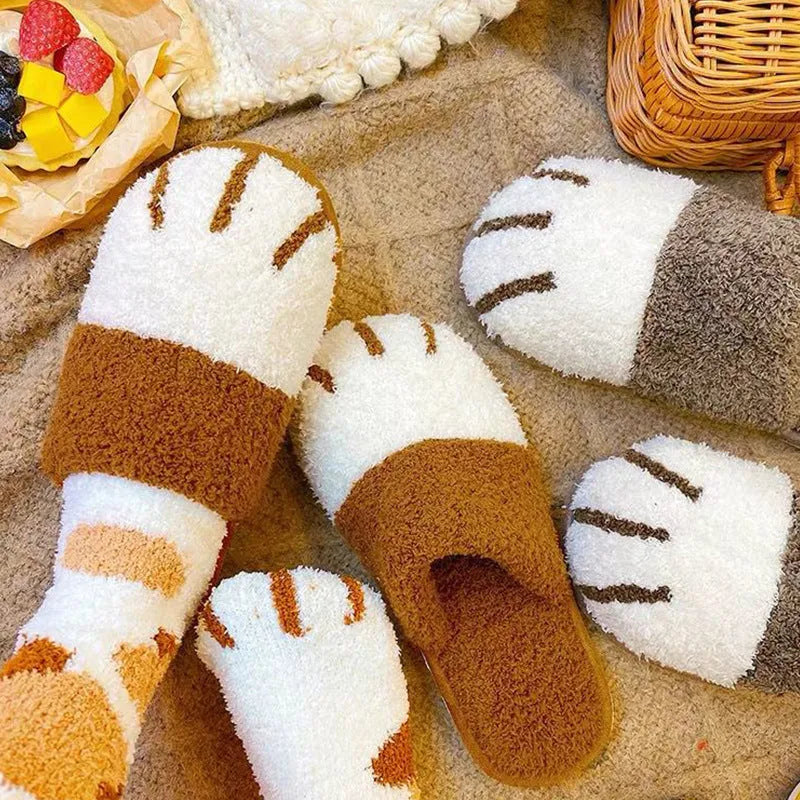 Paw slippers unisex warm furry slides in khaki colour with suede upper and non-slip PVC sole