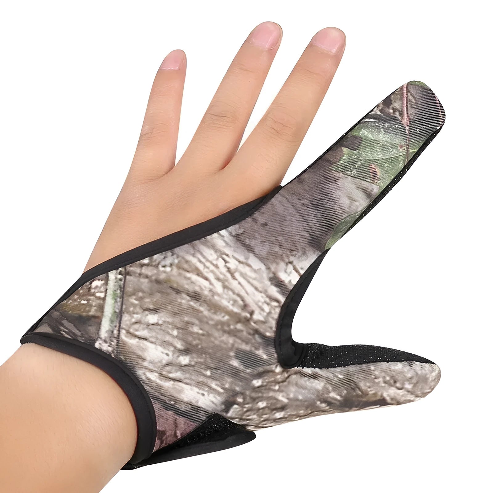 A single two-finger fishing glove in camouflage colour, showing the diving cloth back and microfiber palm material.