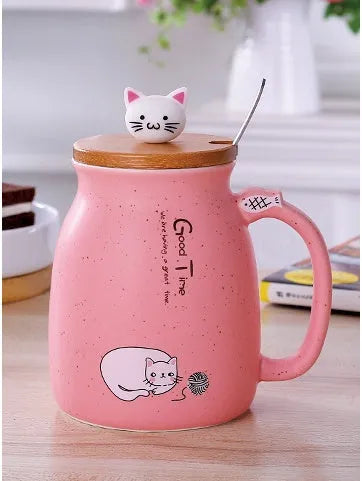 450ml cartoon cat ceramic mug with wooden lid and stainless steel spoon in blue, pink, purple, or yellow