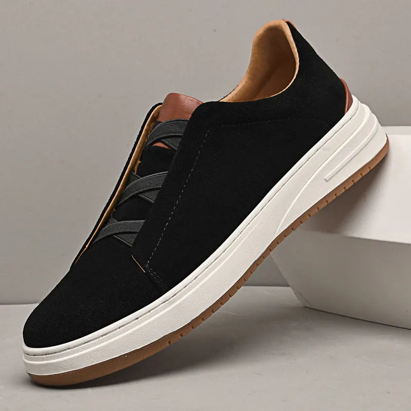 Men's suede casual soft bottom shoes with genuine cowhide leather upper, elastic band, round toe, low-top style in black, blue, khaki