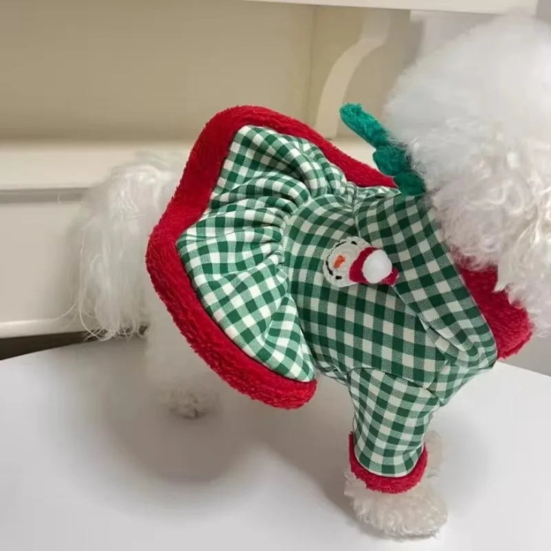 Plaid dog hoodie with snowman design in milk silk fabric, suitable for small breeds like Bichon Frise