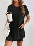 Women's black cotton shorts suit set with ribbed texture showing crew neck top and matching shorts