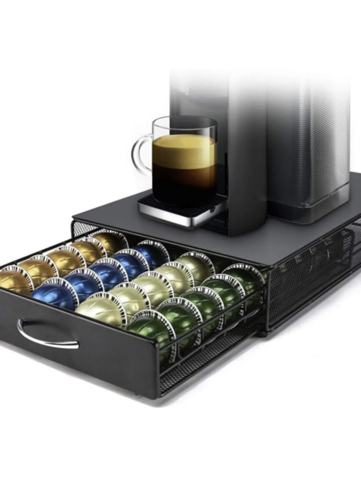 Black coffee capsule storage drawer with silver handle and rotary rack in 40x29x8.5cm size on countertop