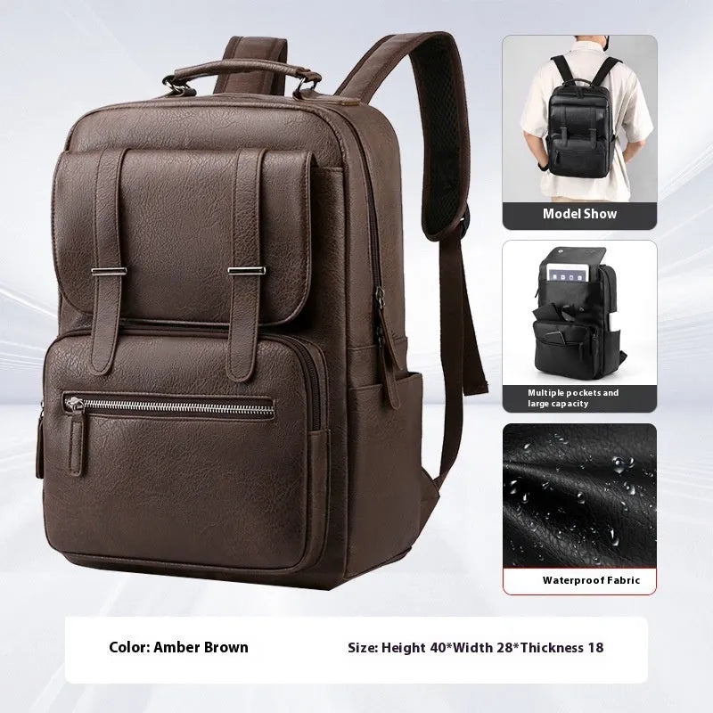 Waterproof PU leather backpack in amber brown, cool black or khaki, 40x28x18cm, with air pillow belt