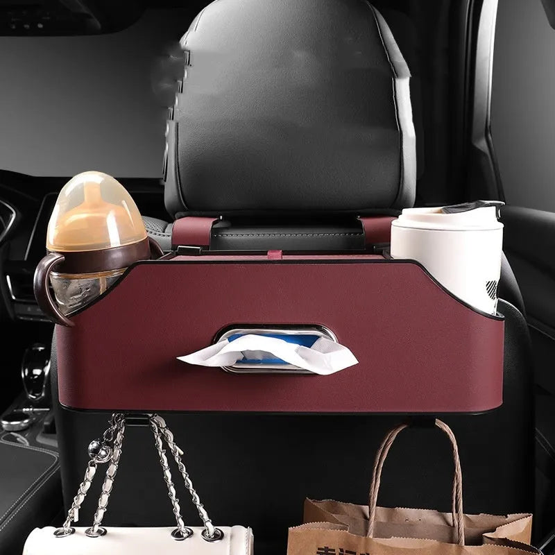 Genuine leather car tissue box storage organiser with built-in water cup holder in beige colour.