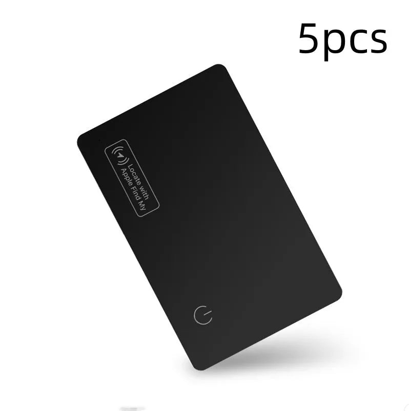 Black ultra-thin anti-loss card for Apple devices, shown next to a credit card for size comparison.