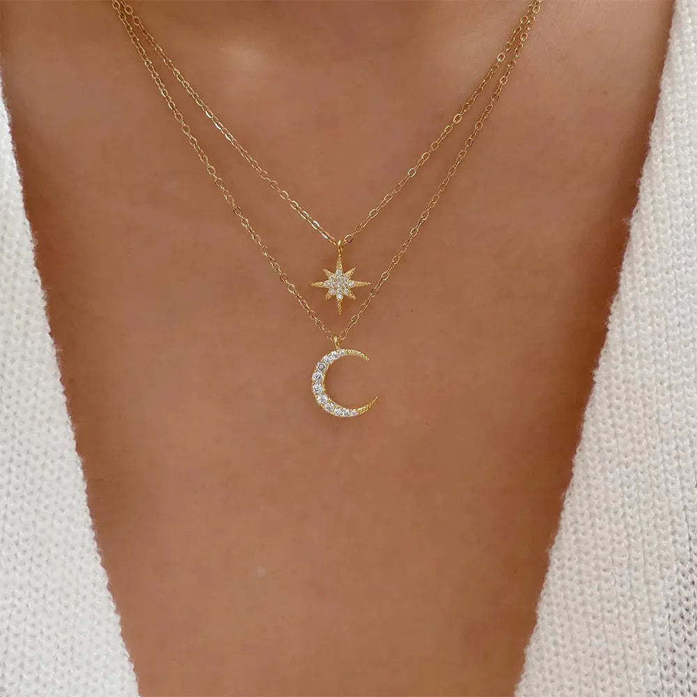 Women's S925 sterling silver double layer necklace with star and moon diamond pendant, gold finish