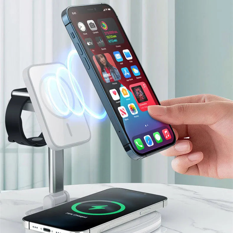 Three-in-one foldable magnetic wireless charger in black ABS, for phone, watch and earbuds