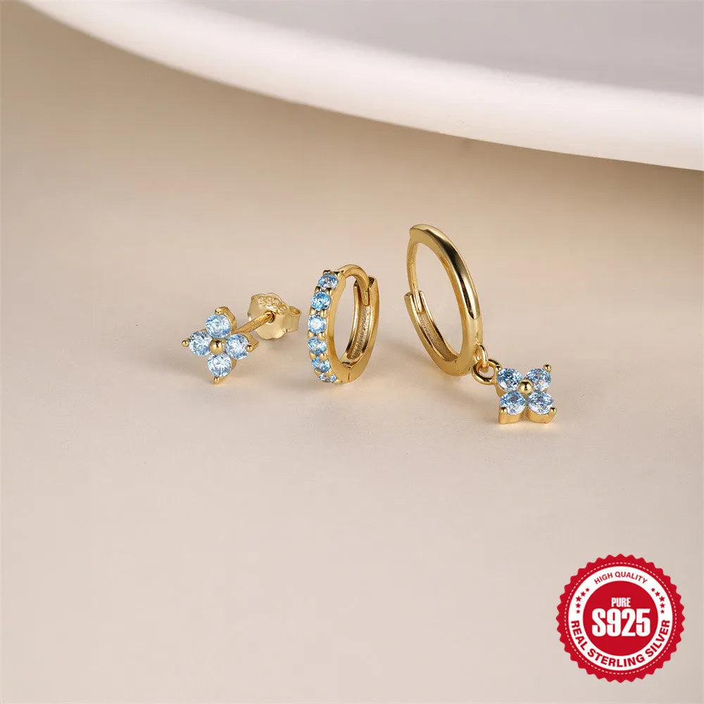 S925 sterling silver geometric classic petal earrings set of 3 in gold colour circle shape for women