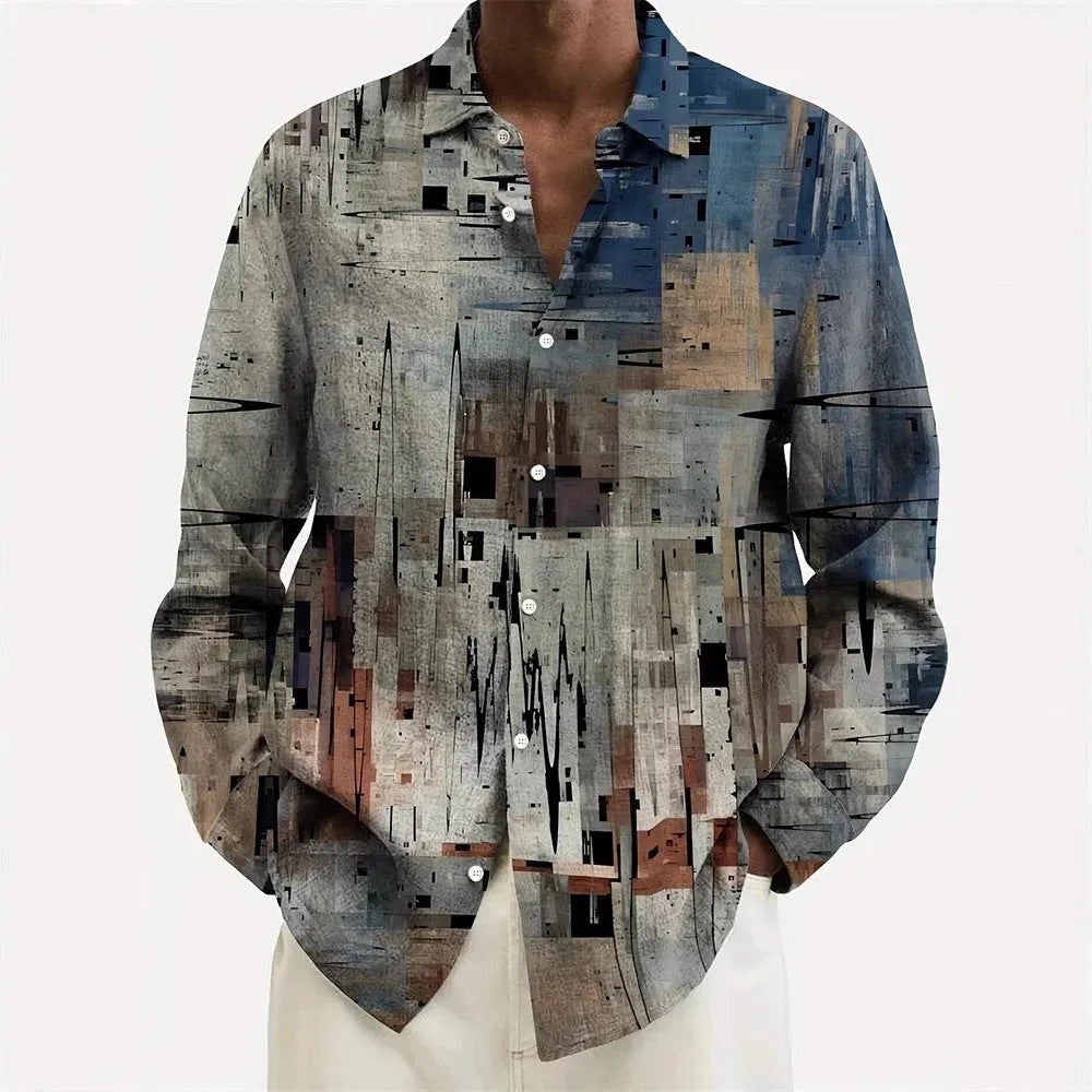 Hawaiian style men's long sleeve shirt with flower pattern in loose cardigan cut