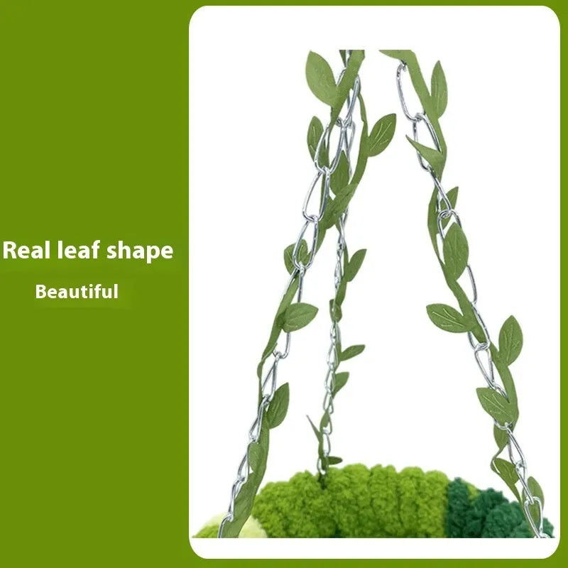 Deep forest green bird nest hammock with green leaves and swing for parrots