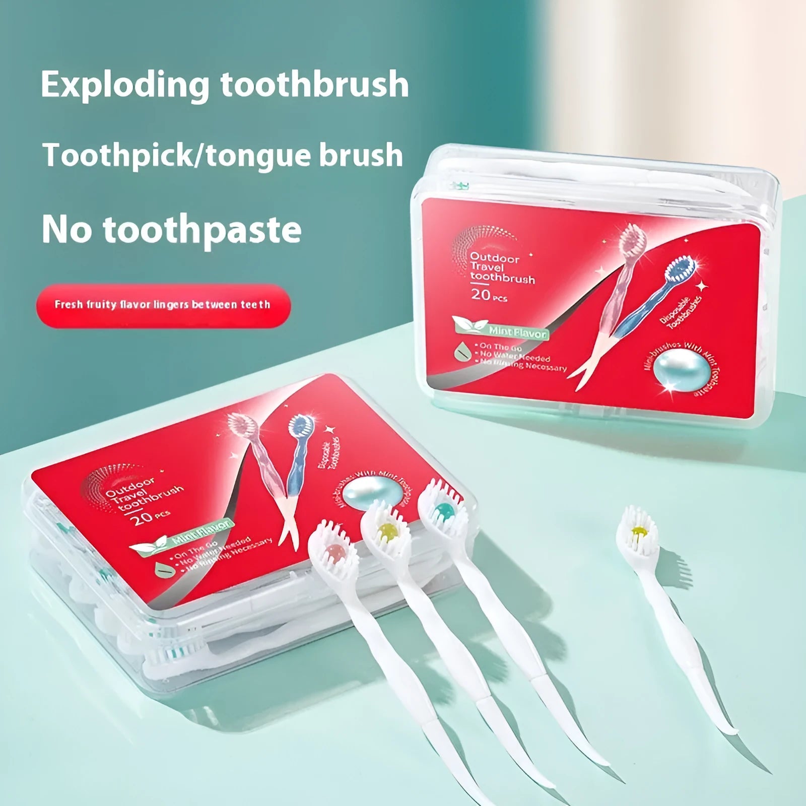 Box of 20 disposable bead toothbrushes with mint, peach, and green tea flavour options