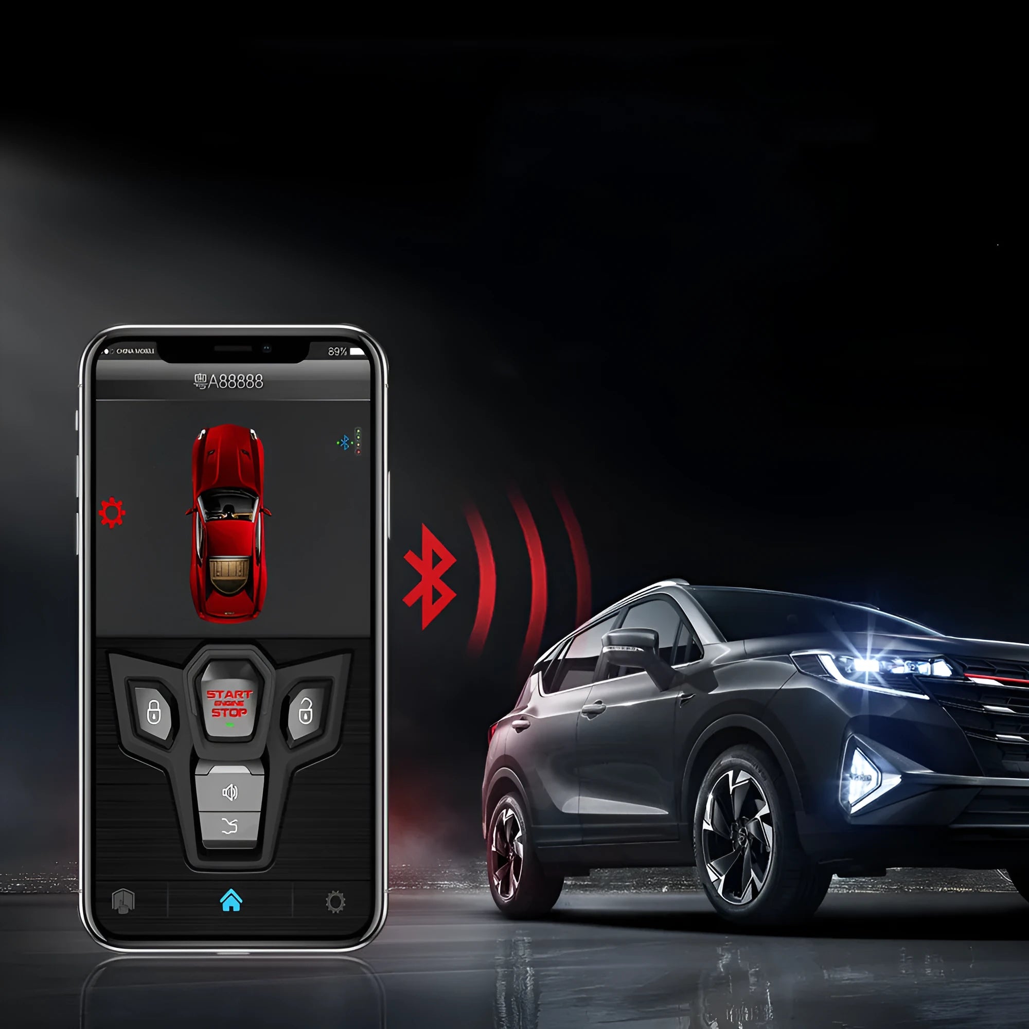 Red and frosted black one-way remote control car alarm unit with two remotes for vehicle security.