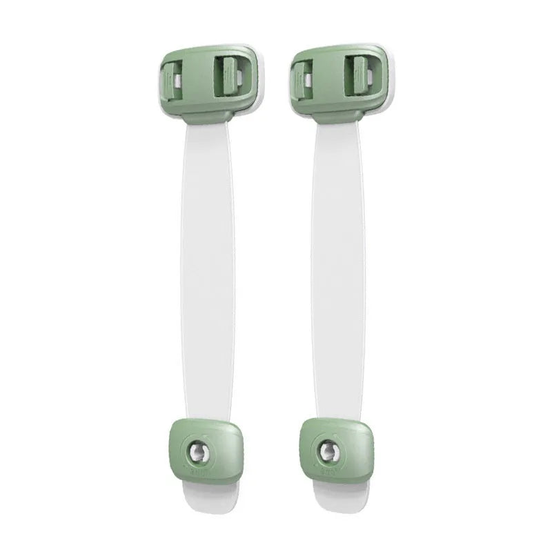 Adjustable child safety cabinet lock with strap showing grey colour and adhesive backing
