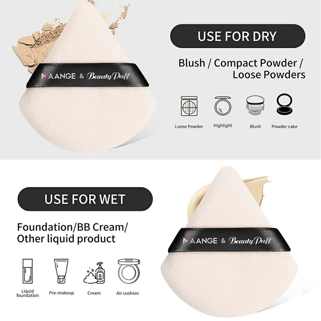 3-piece wooden makeup brush set with triangle powder puff in apricot, black, black gold, and black silver colours