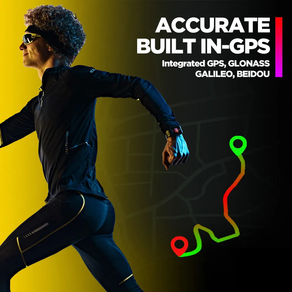 Black GPS smart watch with rubber strap and 1.78-inch LCD display on wrist.
