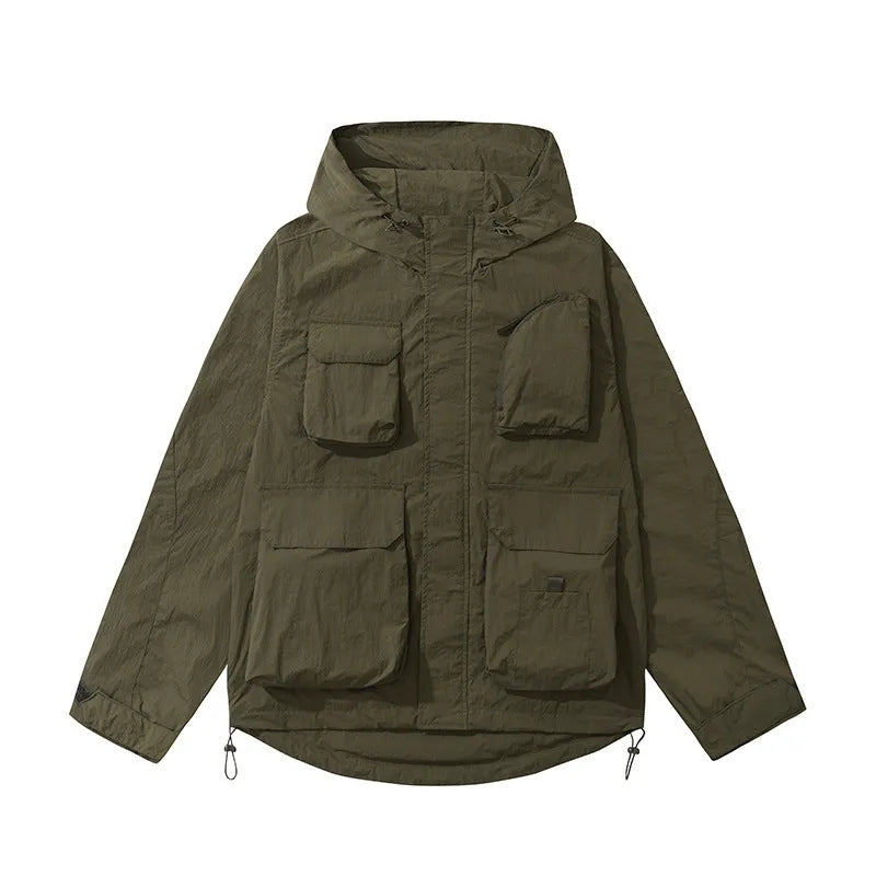 Men's loose fit jacket in black, green, or beige with 3D patch pocket, long sleeves, sizes S-3XL