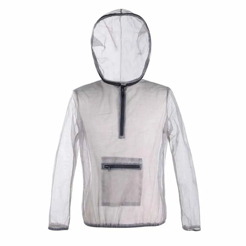 Gray breathable mesh insect bite jacket for camping fishing hiking with hood