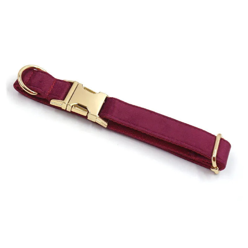 Burgundy velvet pet collar with bow tie and gold engraved clasp, available in sizes XS to XL
