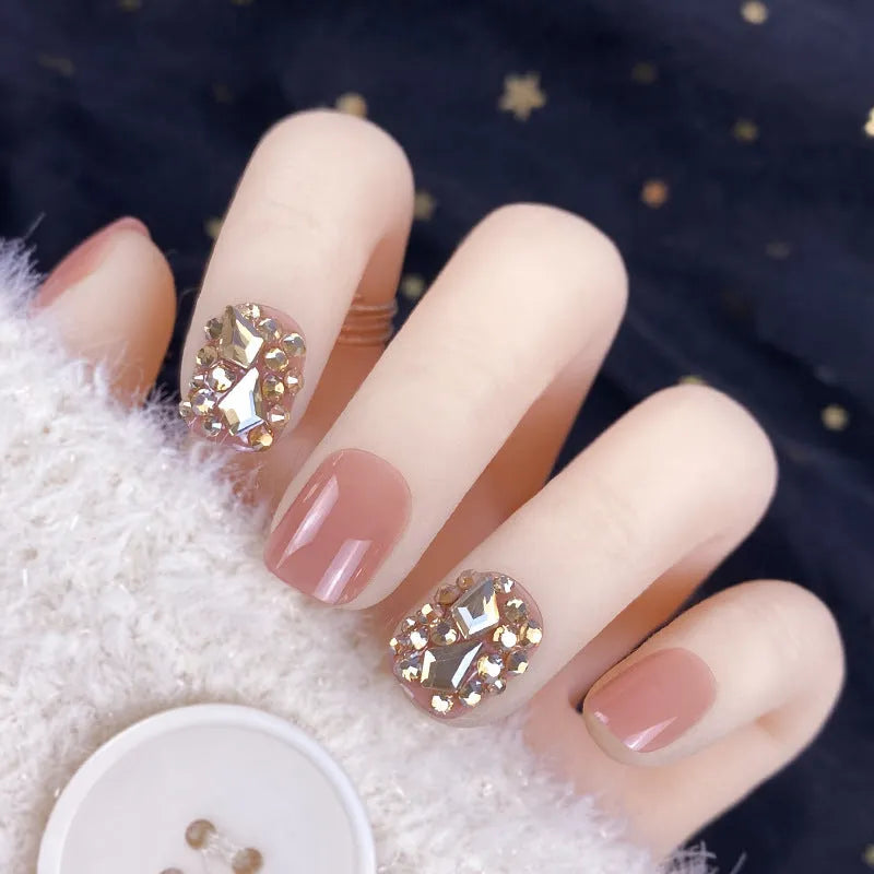 Champagne gold full diamond fake nail patches, 24-piece wearable set, colour ZD-101, nail sequins