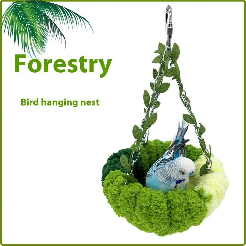 Deep forest green bird nest hammock with green leaves and swing for parrots