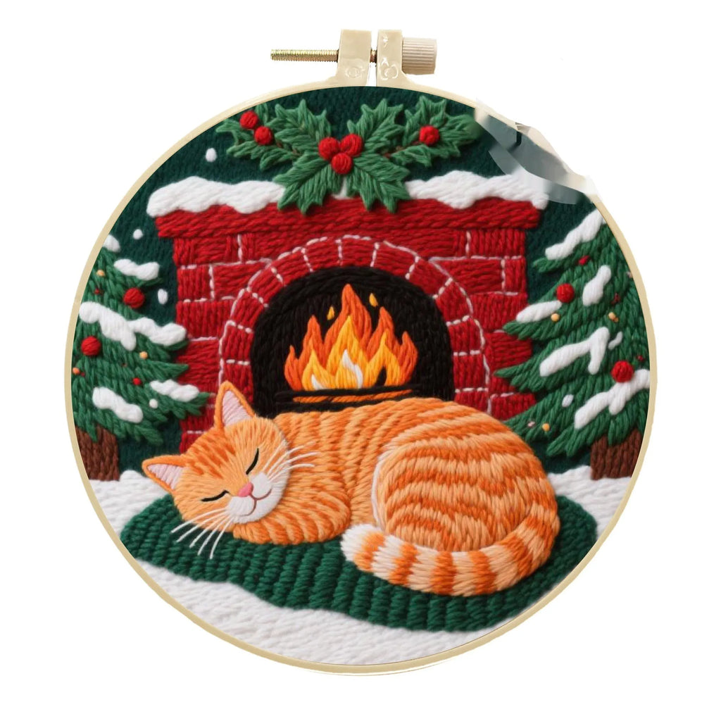 Cat embroidery DIY kit showing cotton linen fabric with autumn fruit pattern, a 20cm imitation bamboo hoop, and scissors.