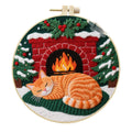 Cat embroidery DIY kit showing cotton linen fabric with autumn fruit pattern, a 20cm imitation bamboo hoop, and scissors.